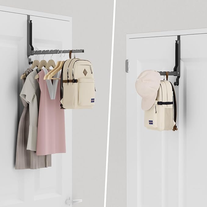BAKON Over The Door Hangers, Over Door Hooks for Hanging, Small Space Dual Folding Portable Over Door Clothes Hanger for Clothes, Hats, Bags and Towels (1Pack,Black(Update))