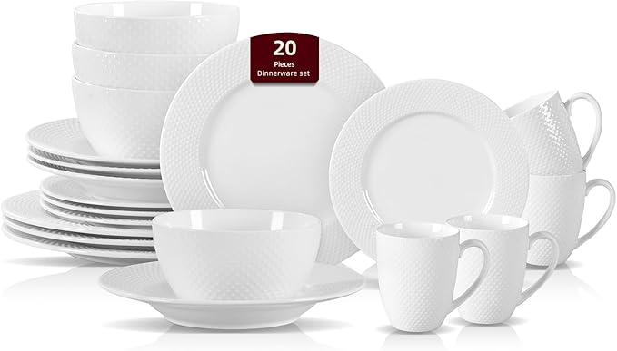 HomeVss, New Bone China Dinnerware Set, Embossed Rain Drops Design, 20pc Set