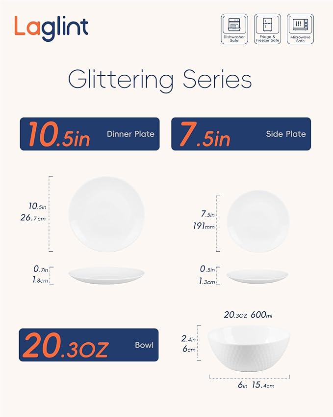 Dinnerware Sets for 4, Light & Durable 12 Pieces Opal Glass Plates and Bowls Set, Dishwasher and Microwave Safe Ribbed Dish Dinning Ware, Thin but Strong Geometric Faceted White
