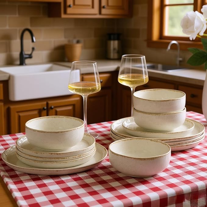 AmorArc Ceramic Dinnerware Sets, Wavy Rim Stoneware Plates and Bowls Sets, Highly Chip and Crack Resistant | Dishwasher & Microwave Dishes set, Service for 4 (12pc)-Speckled Cappuccino