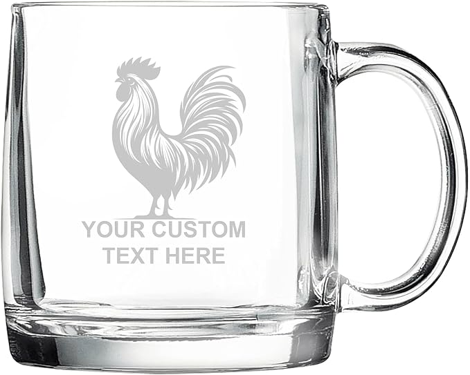 Rooster, Personalized 12.5 oz Polar Camel Glass Coffee Desk Mug – Custom Laser Engraved Clear Cup for Tea, Espresso, Latte, Whiskey - Microwave Safe/Made in USA