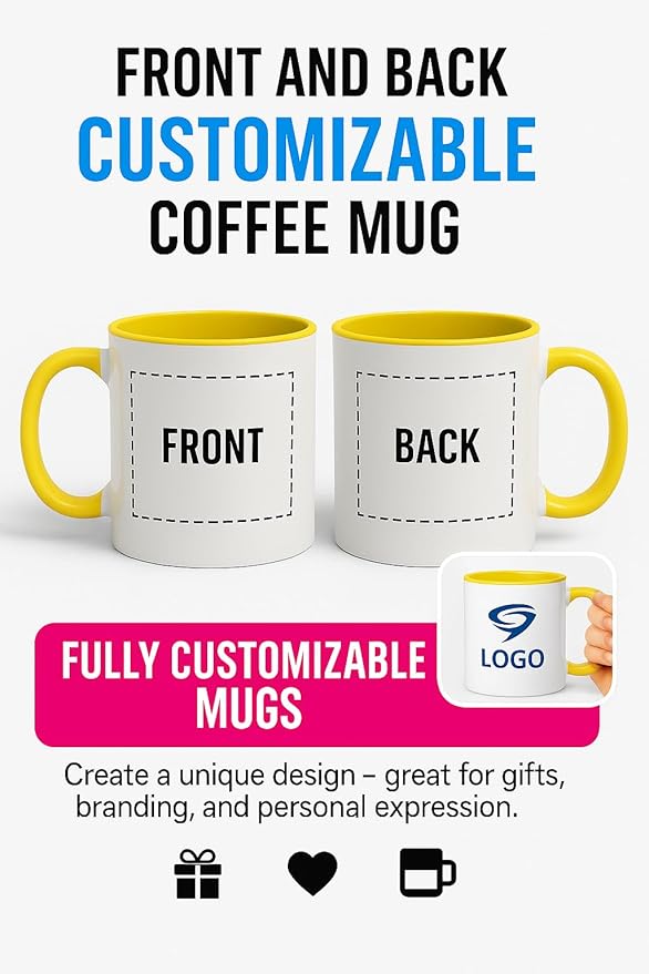 Personalized Coffee Mug | Custom Photo, Text, or Logo Cup (11oz, Yellow Rim, Inner, and Handle) |Dishwasher & Microwave Safe |Unique Gift for Men & Women –Taza Personalizada