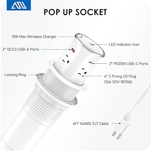 ANNQUAN Motorized Pop Up Countertop Receptacle with 15W Wireless Charger,Max 20W Power Delivery,3.15" Automatic Pop Up Outlet,4 Outlets,4 USB 3FT Cord White