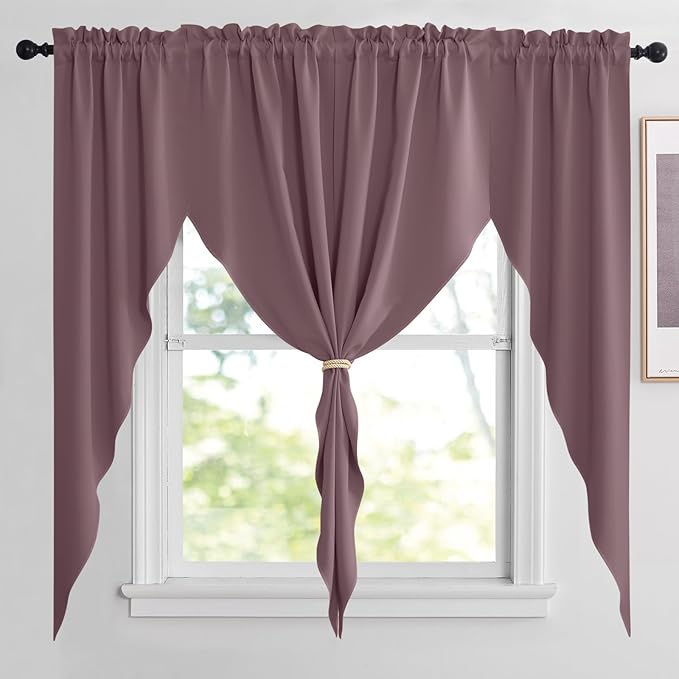 NICETOWN Swag Curtains for Living Room, Room Darkening Short Window Curtains for Kitchen Elegant Waterfall Curtain Shades for Kids Nursery Baby Room, 2 Panels, 36" x 63" x 18" per Panel, Dry Rose