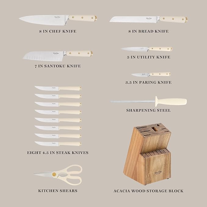 Martha Stewart 16 Piece Lockton High Carbon Stainless Steel Cutlery Kitchen Knife Block Set W/ABS Tripe Riveted Forged Handle Acacia Wood Block - Linen White W/Gold