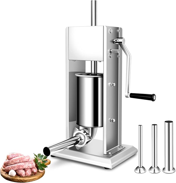 YBSVO 7 lb. Stainless Steel Vertical Manual Sausage Stuffer with 5/8", 7/8", 1 1/4", and 1 1/2" Stainless Steel Funnels
