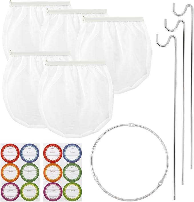Jelly & Juice Strainer Kit: 3 Stable Stands, 5 Durable Mesh Bags & 12 Labels | Pulp-Free Canning & Nut Milk – Quick Straining for Home Cooks & Enthusiasts