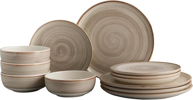 Corona 12–piece Rustic Aestethic Hand-Painted Versatile Ceramic Dinnerware Sets | Plates and Bowls | Service For 4 | Gray Caoba