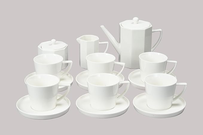 Bone China Cone Shape, Elegance White Cup Espresso 5oz & Saucer, Set of 6 cups and 6 Saucers