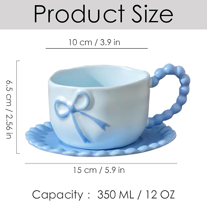 Bow Coffee Mug Blue Coquette Coffee Mugs Set with Saucer 12 OZ Porcelain Tea Cup Bow Cute Mug for Women Girl