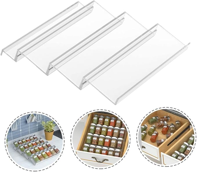 Mobestech Expandable Acrylic Spice Rack Organizer with Shelves for Kitchen Drawer Storage of Seasoning Bottles Essential Oils Vitamins and Medicine Transparent Tiered Shelf for Cabinet