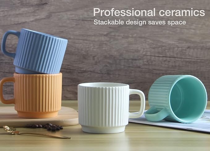 Stackable Coffee Mugs Set of 4, 7 OZ Ceramics Espresso Cups for Latte Cappuccino Cocoa with Handle, Colorful