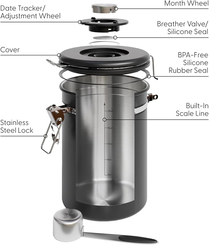 Veken Coffee Canister set with Window, Airtight Stainless Steel Kitchen Food Storage Container with Date Tracker and Scoop for Grounds Coffee, Beans, Tea, Flour, Cereal, Sugar, 22&16OZ,Black