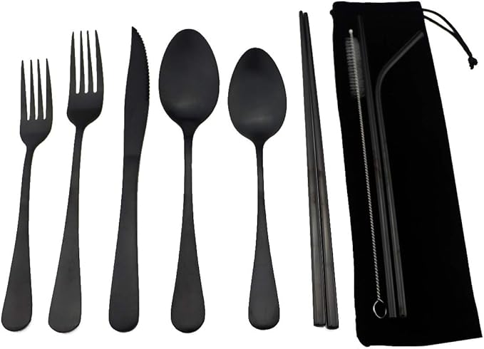 Black Reusable Utensils with Case Camping Travel Silverware Set,Portable Stainless Steel Cutlery Set - Matte Flatware Set Knife Fork Spoon Mirror Straws Chopsticks - for Office Lunch, Hiking, School