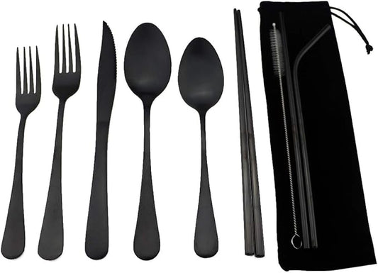 Black Reusable Utensils with Case Camping Travel Silverware Set,Portable Stainless Steel Cutlery Set - Matte Flatware Set Knife Fork Spoon Mirror Straws Chopsticks - for Office Lunch, Hiking, School