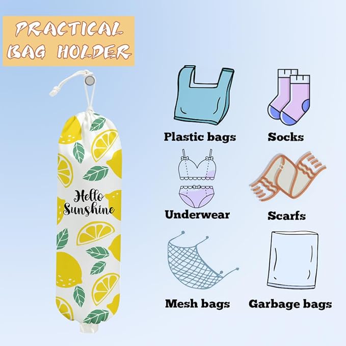 Lemon Plastic Bag Holder, Wall Mount Grocery Bag Holder, Plastic Storage bag, Lemon Storage Organizer Reusable Grocery Bags, Pull Rope Free Adjustment, Gifts for Women Mom Grandma