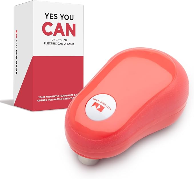 Kitchen Mama One Touch Electric Can Opener: Auto-Stop, Ergonomic Design for Seniors with Arthritis, One Button Press, Smooth Edge, Cordless, Food-Safe, Automatic, Hands Free, Battery Operated (Red)