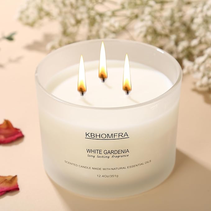 Scented Candle for Home, Patchouli Gardenia Candles Essential Oils, Soy Wax 12.4oz Big Candle,3-Wick 70 Hours Burn,for Festival Luxury Christmas Gift,Sleep Relaxation Ambience