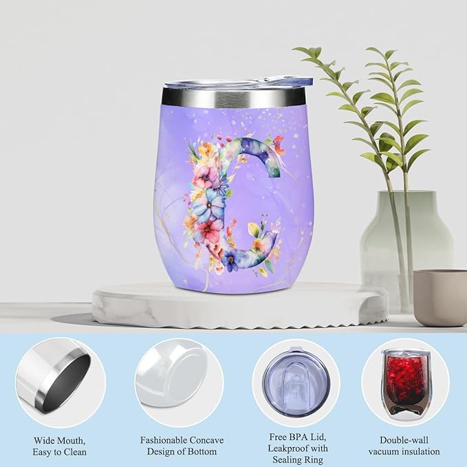 Personalized Gifts Monogrammed Birthday Gifts for Women, Cowerker Bride Wife Sister Wedding Christmas Initial Wine Tumbler Makeup Bag Scented Candle Bracelet Set, (Aesthetic Purple Flower C)