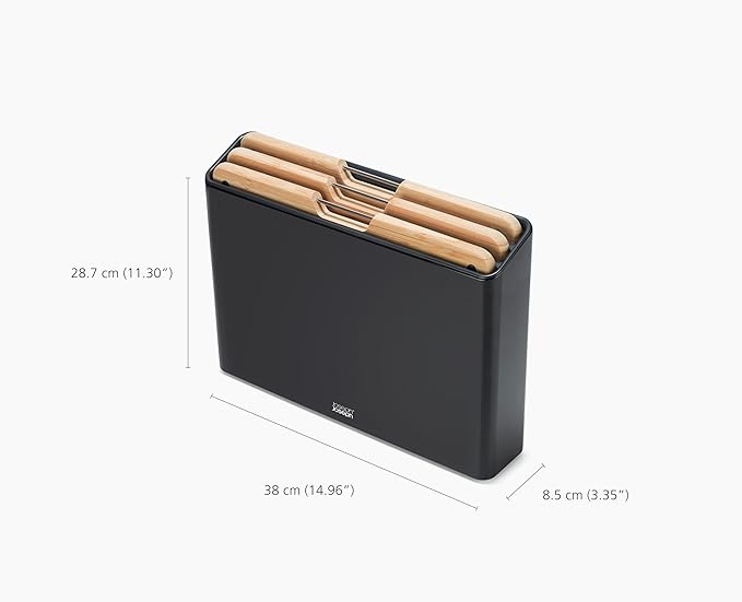 Joseph Joseph Folio 3-Piece Premium Bamboo Cutting Board Set, Slimline Stainless Steel Case for Organized Kitchen Storage