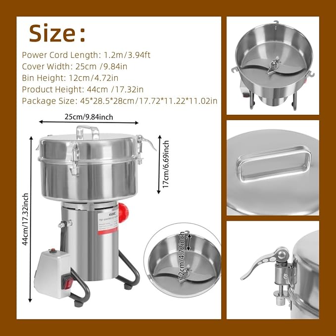 5000W High Speed Electric Grain Grinder – 30,000rpm Pure Copper Motor, 9.92lbs Stainless Steel Bin, 50-300 Mesh Multi-Function Grinder for Grains, Herbs, Spices & Nuts – Silver