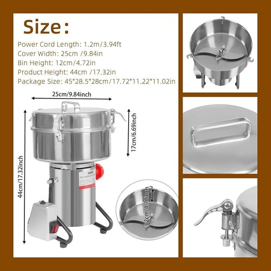 5000W High Speed Electric Grain Grinder – 30,000rpm Pure Copper Motor, 9.92lbs Stainless Steel Bin, 50-300 Mesh Multi-Function Grinder for Grains, Herbs, Spices & Nuts – Silver