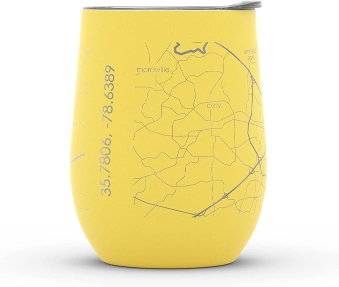 Well Told Engraved Raleigh North Carolina Map Insulated Wine Tumbler, Etched Stainless Steel Cup (12 oz, Sunrise Yellow) City Map Insulated Tumbler, Custom Insulated Tumbler, Outdoor Drinkware