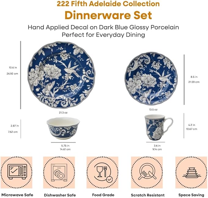 222 Fifth Adelaide 16-Piece Dark Blue Porcelain Dinnerware Set – Service for 4, Plate, Bowl & Mug Set, Bird & Floral Design, for Everyday Dining & Entertainment, Microwave & Dishwasher Safe