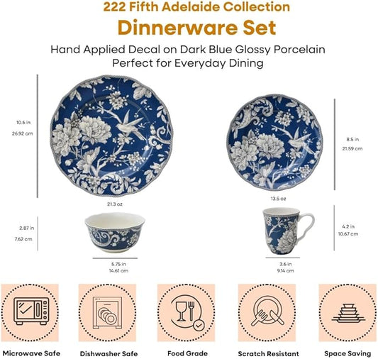 222 Fifth Adelaide 16-Piece Dark Blue Porcelain Dinnerware Set – Service for 4, Plate, Bowl & Mug Set, Bird & Floral Design, for Everyday Dining & Entertainment, Microwave & Dishwasher Safe