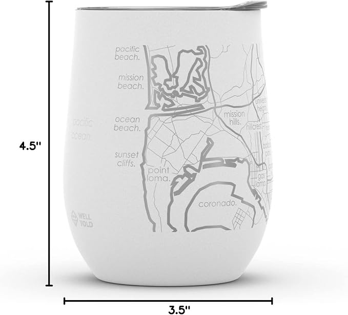 Well Told Engraved San Diego California Map Insulated Wine Tumbler, Etched Stainless Steel Wine Tumbler (12 oz, White) City Map Insulated Tumbler, Custom Insulated Tumbler, Outdoor Drinkware