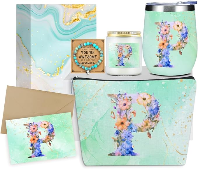 Personalized Gifts for Women Monogrammed Birthday Gifts for Women, Wife Girlfriend Wedding Christmas, Initial Wine Tumbler Makeup Bag Scented Candle Bracelet Set, (Aesthetic Green Flower P)