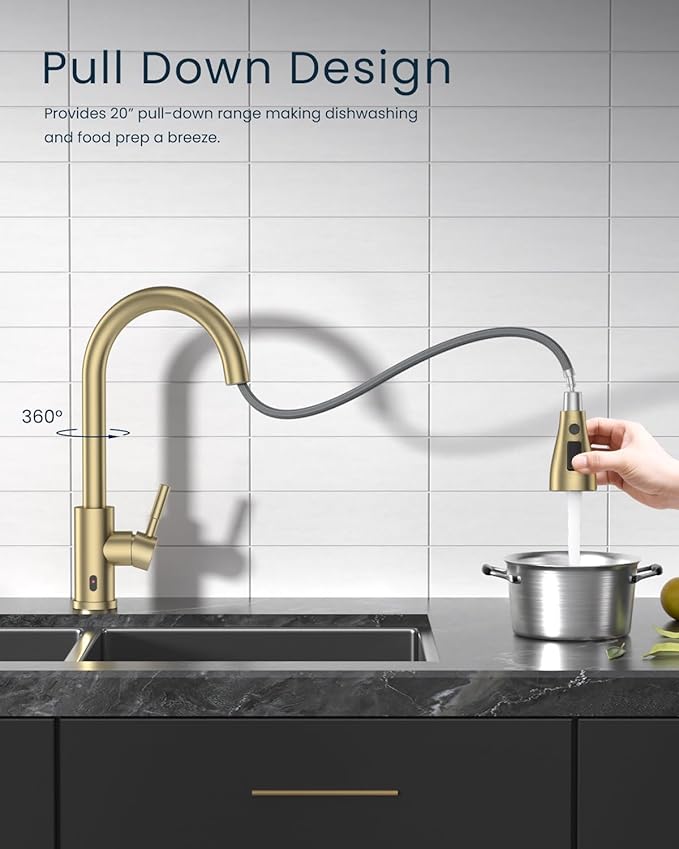 DAYONE Gold Touchless Kitchen Faucet with Soap Dispenser 3-Mode, Brushed Gold Motion Sensor Hands-Free Automatic Sink Faucet with Pull Down, Stainless Steel Single Handle Smart Faucets for Kitchen