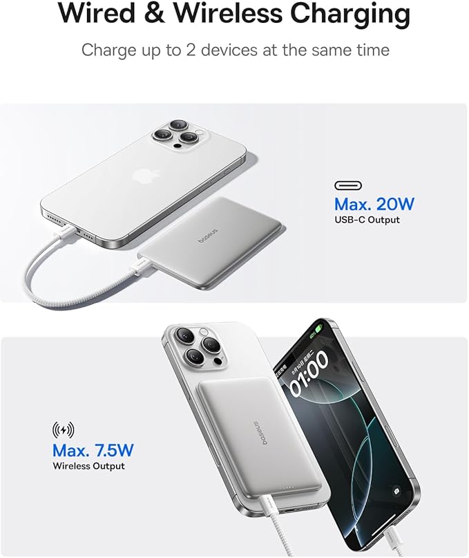 Baseus Picogo Power Bank, 0.3" Ultra Slim 5000mAh MagSafe Portable Charger with USB-C Braided Cable, Card-Size Magnetic Battery Pack, Alloy Wireless Fast Charger for iPhone 16/15/14/13/12, Lightweight