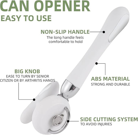 Can Opener Manual Tin Opener Stainless Steel Heavy Duty, Oversized Hand-held Easy Rotary Knob, Safe Cut Manual Can Opener with Non-Slip Handle, Smoother Cut Sharp Blade for Seniors Kitchen Tool, White