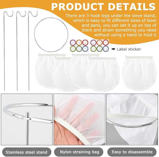Jelly & Juice Strainer Kit: 3 Stable Stands, 5 Durable Mesh Bags & 12 Labels | Pulp-Free Canning & Nut Milk – Quick Straining for Home Cooks & Enthusiasts