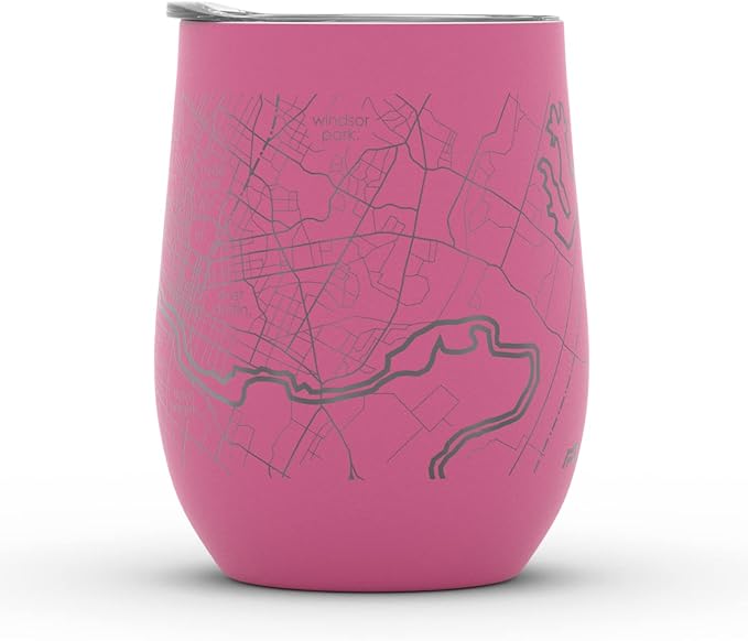 Well Told Engraved Austin Texas Map Insulated Wine Tumbler, Etched Stainless Steel Cup (12 oz, Sunset Pink) City Map Insulated Tumbler, Custom Insulated Tumbler, Outdoor Drinkware