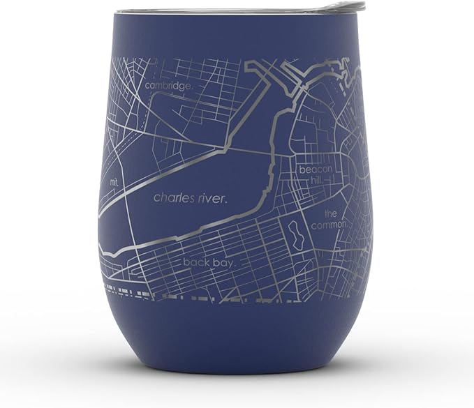 Well Told Engraved Boston Massachusetts Map Insulated Wine Tumbler, Etched Stainless Steel Cup (12 oz, Midnight Blue) City Map Insulated Tumbler, Custom Insulated Tumbler, Outdoor Drinkware
