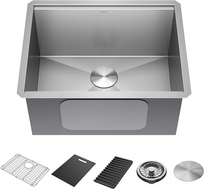 DELTA FAUCET Rivet 24-inch Workstation Laundry Utility Kitchen Sink Undermount 16 Gauge Stainless Steel Single Bowl with WorkFlow Ledge and a Kit of 5 Accessories, 95B9031-24SL-SS