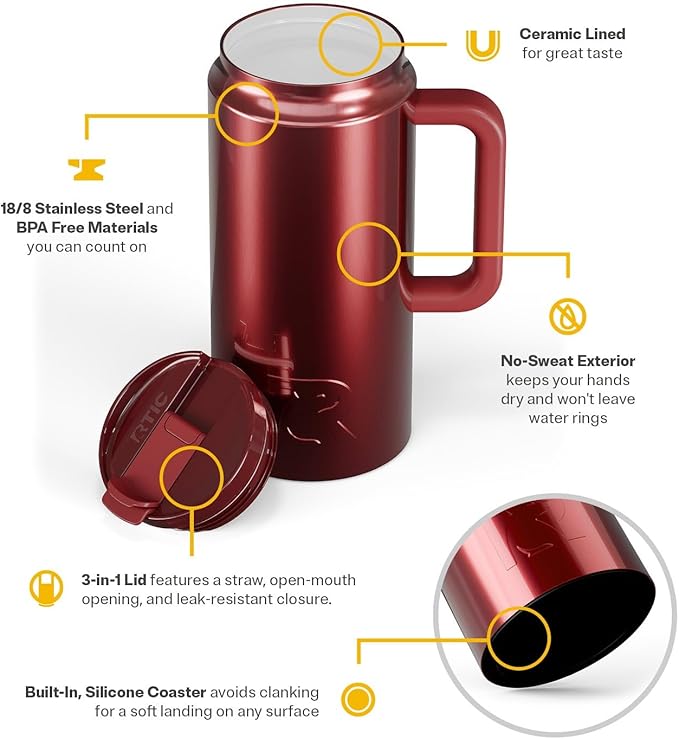 RTIC 64oz Road Trip Tumbler with Handle, Lid and Straw, Ceramic Lined, Insulated, Stainless Steel, Double Wall Vacuum-Insulation, Travel Cup, Black Cherry Metallic