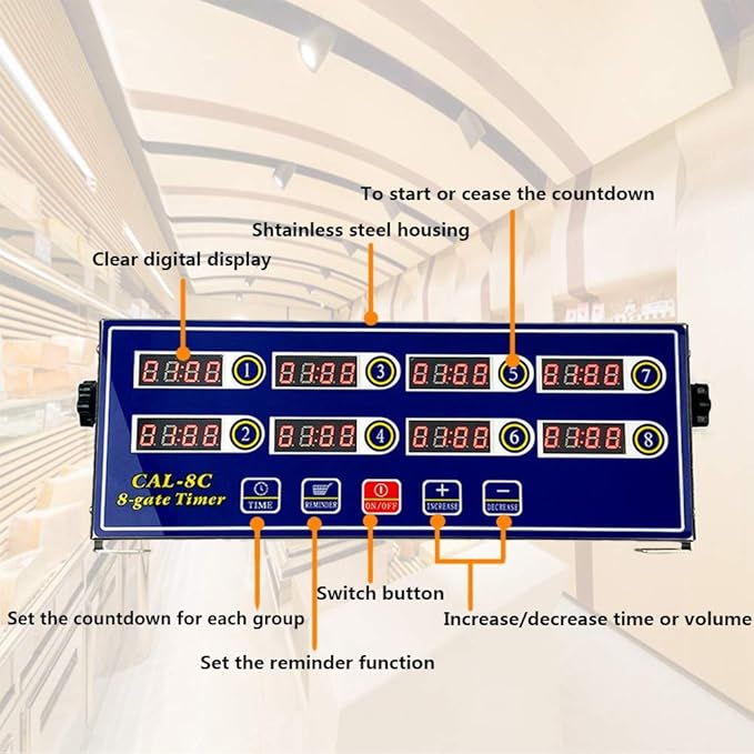 Li Bai Kitchen Cooking Timer 8 Channels Digital LED Alarm Reminder Clock Commercial Restaurant Home Loud Adjustable Clear Display Stainless Steel