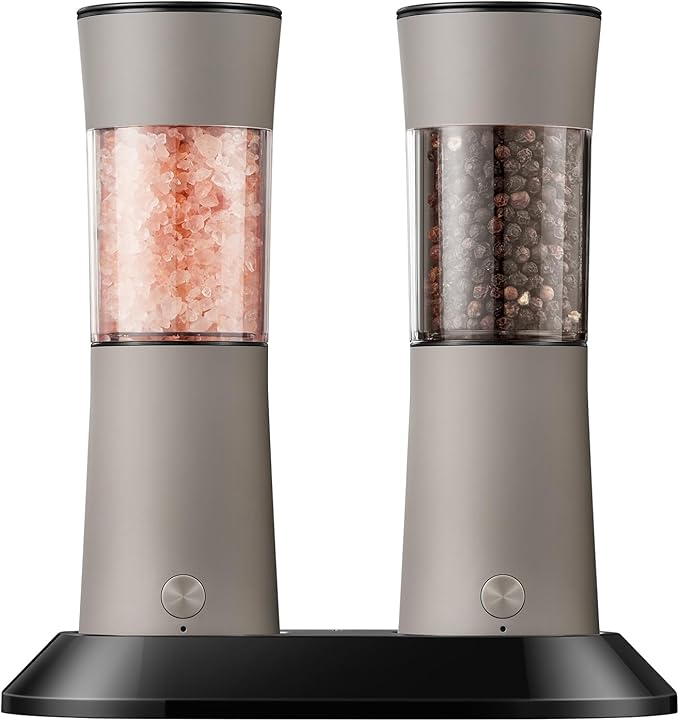 Gravity Electric Salt and Pepper Grinder Set with USB-C Charging Base,Rechargeable Automatic Stainless Steel Pepper Mill Grinder with LED Light, 2pack(Brown)