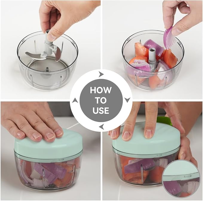 Manual Food Processor Vegetable Chopper 2.3 Cup Small Mini Hand Pull String Onion Chopper Garlic Mincer Cutter with 3 Stainless Steel Blades - Green