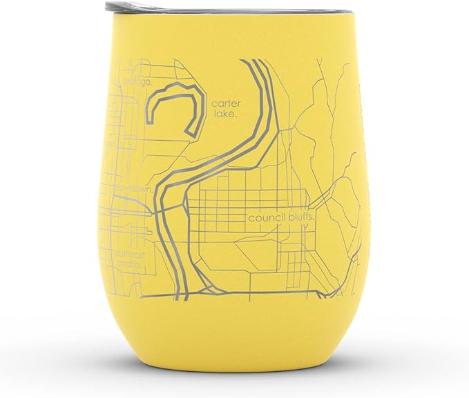Well Told Engraved Omaha Nebraska Map Insulated Wine Tumbler, Etched Stainless Steel Cup (12 oz, Sunrise Yellow) City Map Insulated Tumbler, Custom Insulated Tumbler, Outdoor Drinkware
