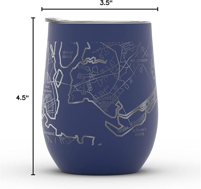 Well Told Engraved Charleston South Carolina Map Insulated Wine Tumbler, Etched Stainless Steel Cup (12 oz, Midnight Blue) City Map Insulated Tumbler, Custom Insulated Tumbler, Outdoor Drinkware