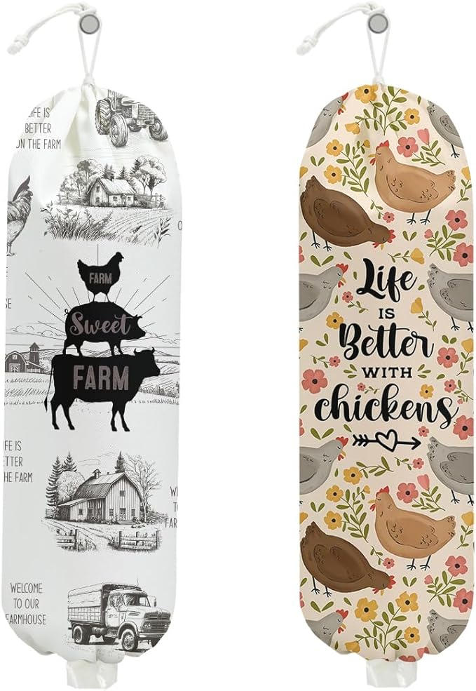 2PCS Farm Animals Plastic Bag Holder, Wall Mount Grocery Bag Holder Plastic Storage bag, Chicken Pig Decor Storage Organizer Grocery Bags with Drawstring, Chicken Gifts for Women Mom Grandma