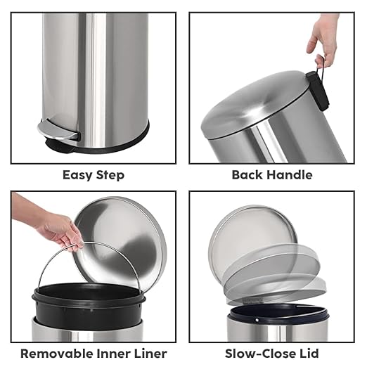 8-Gallon Trash Can, 30 Liter Stainless Steel Garbage Can, Round Trash Can with Lid, Slim Garbage can Featuring a Removable Inner Liner (Silver, 30L-Round)