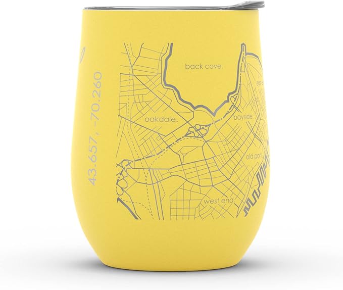 Well Told Engraved Portland Maine Map Insulated Wine Tumbler, Etched Stainless Steel Cup (12 oz, Sunrise Yellow) City Map Insulated Tumbler, Custom Insulated Tumbler, Outdoor Drinkware