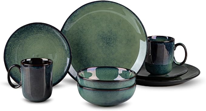 8 Piece Dinnerware Sets for 2， Scratch Resistant,microwave oven and Dishwasher Safe Plates and Bowls Sets Ceramic, Dish Set, Bowl and Plate Set -Kiln turns foggy green