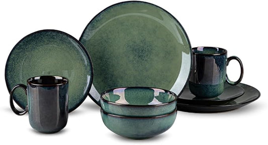 8 Piece Dinnerware Sets for 2， Scratch Resistant,microwave oven and Dishwasher Safe Plates and Bowls Sets Ceramic, Dish Set, Bowl and Plate Set -Kiln turns foggy green