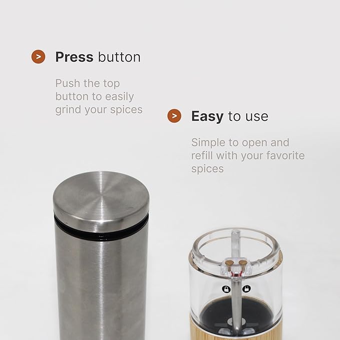 Automatic Battery Operated Electric Pepper and Salt Mill Grinder Set with Adjustable Mechanism for Fine, Medium, and Coarse Grinding (2 Pack)